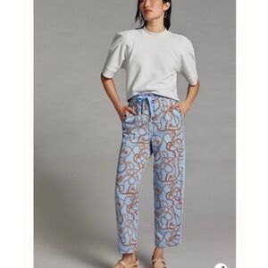 Anthropologie Maeve Kalle Track Pants Drawstring Waist Sky Blue Chain Print. S